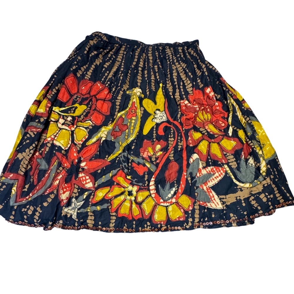 Added Dimensions Skirt Womens 20 Cotton Batik Floral Beaded Black Red Yellow